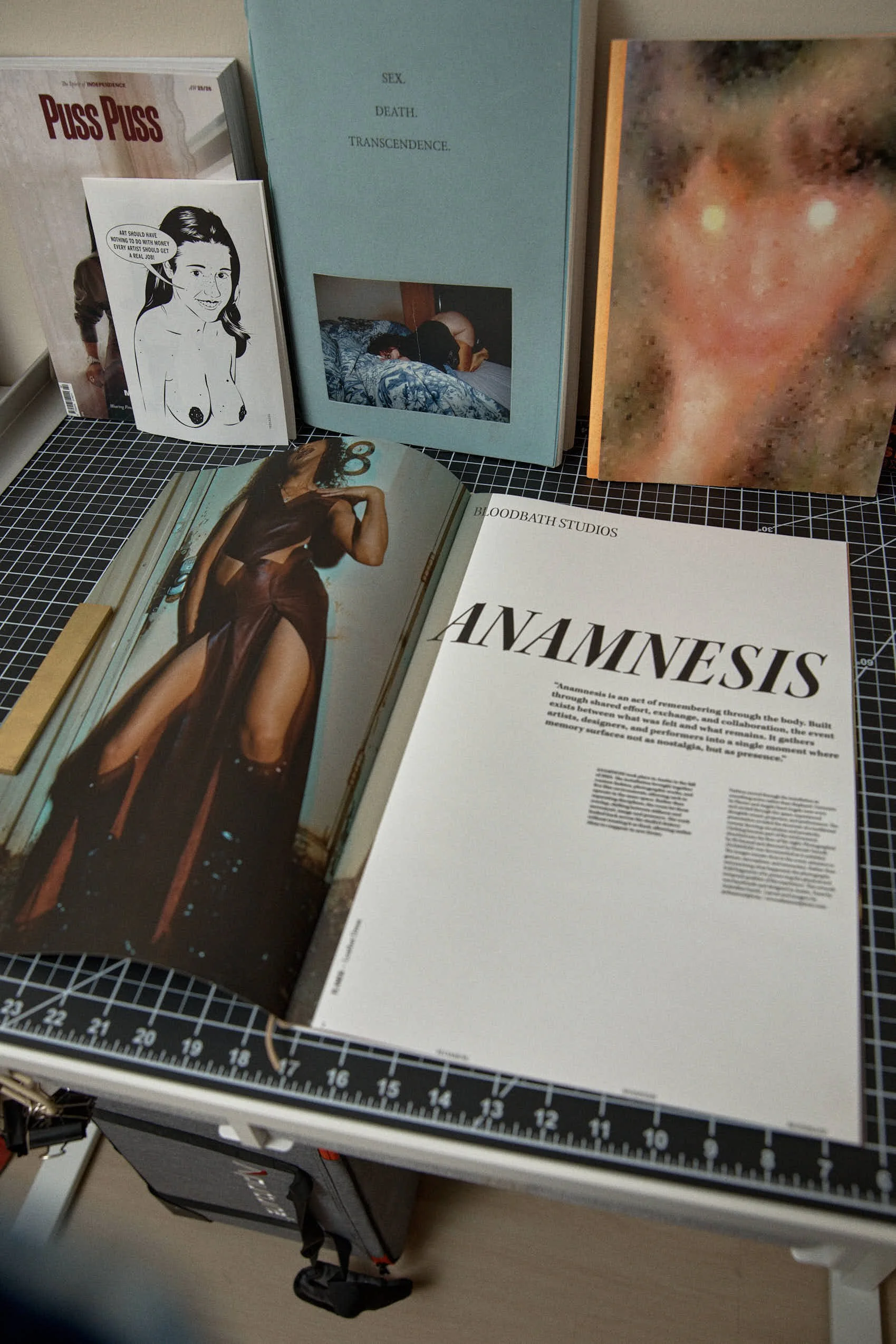 Open book spread, illustration and bedroom photograph