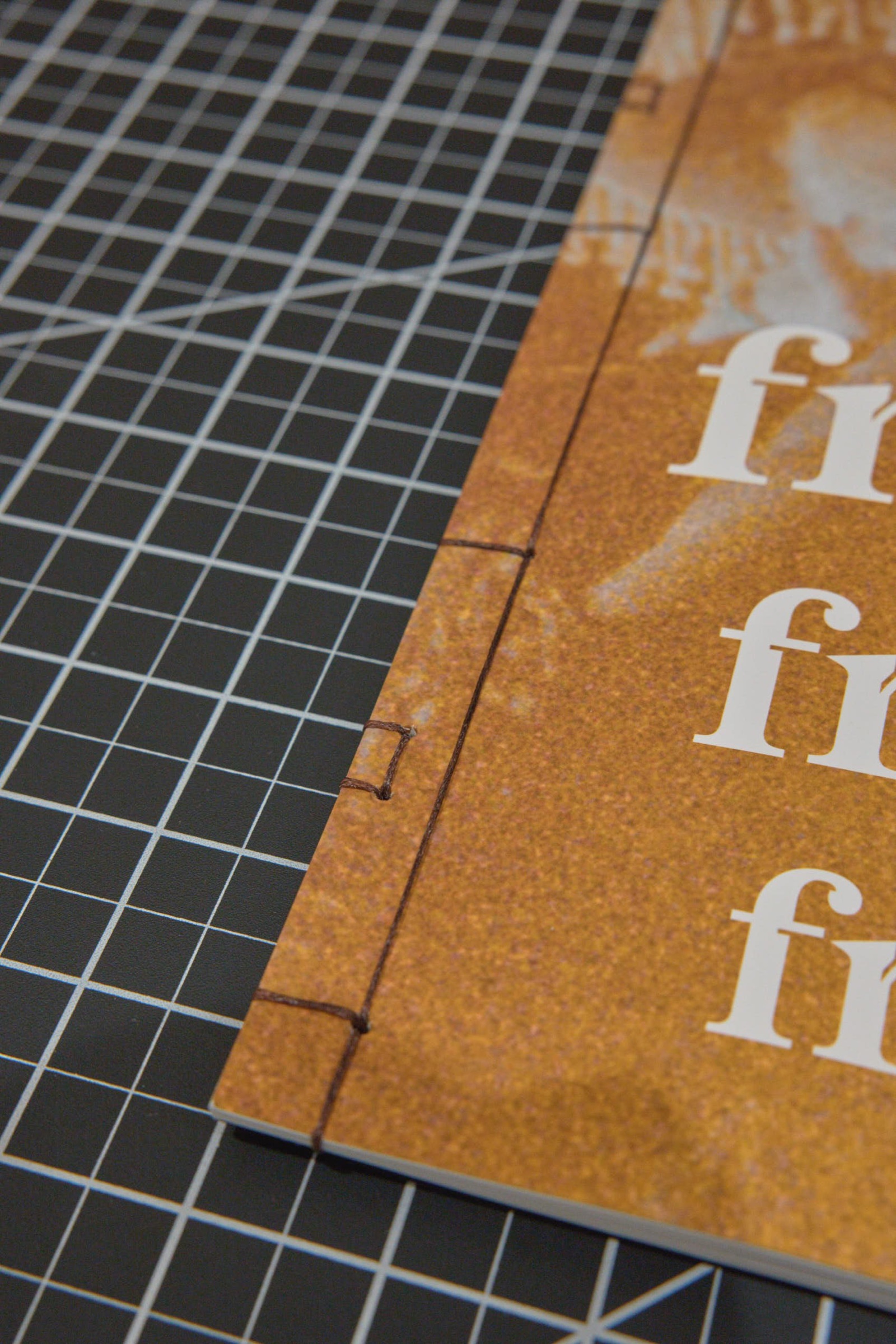 Close-up of the book's leather spine and binding
