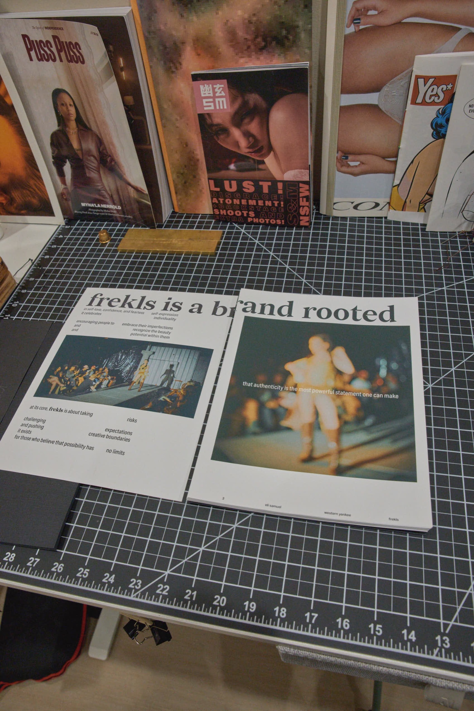 Open book spread, brand statement text and portrait