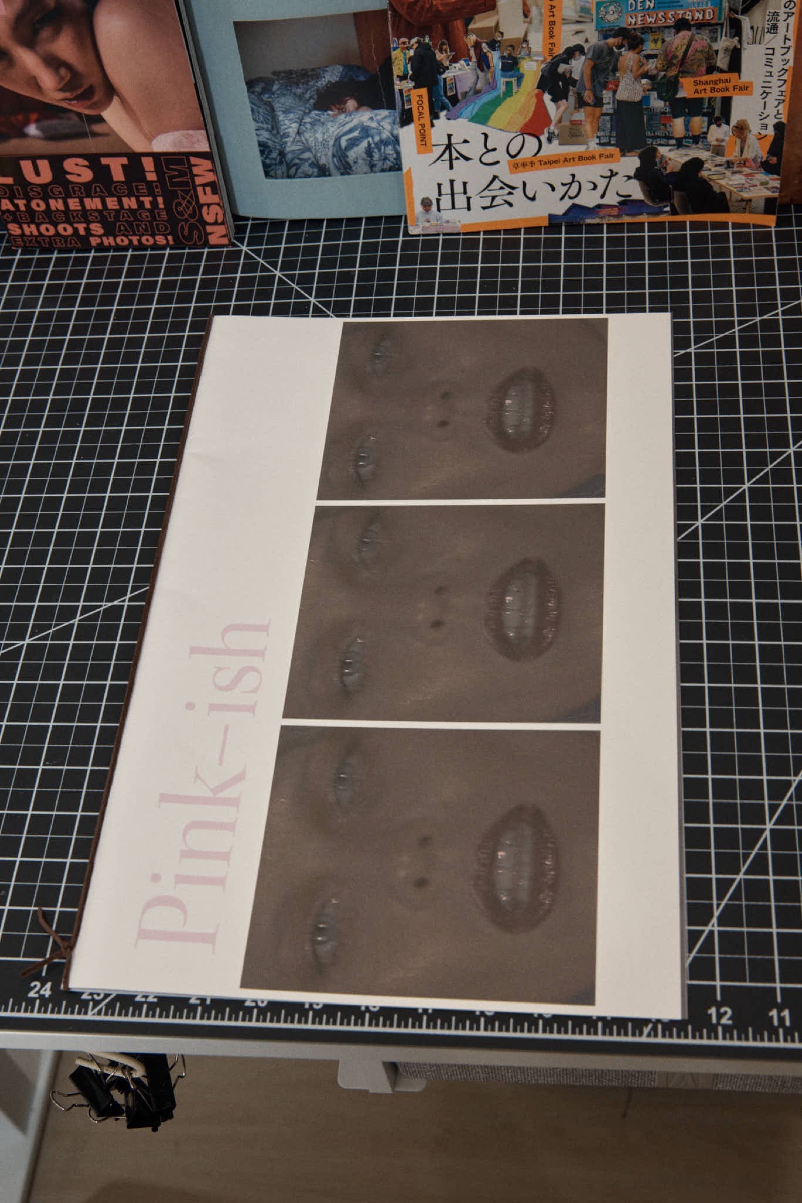 Book cover, 'Pink-ish' title beside triptych of close-up lips