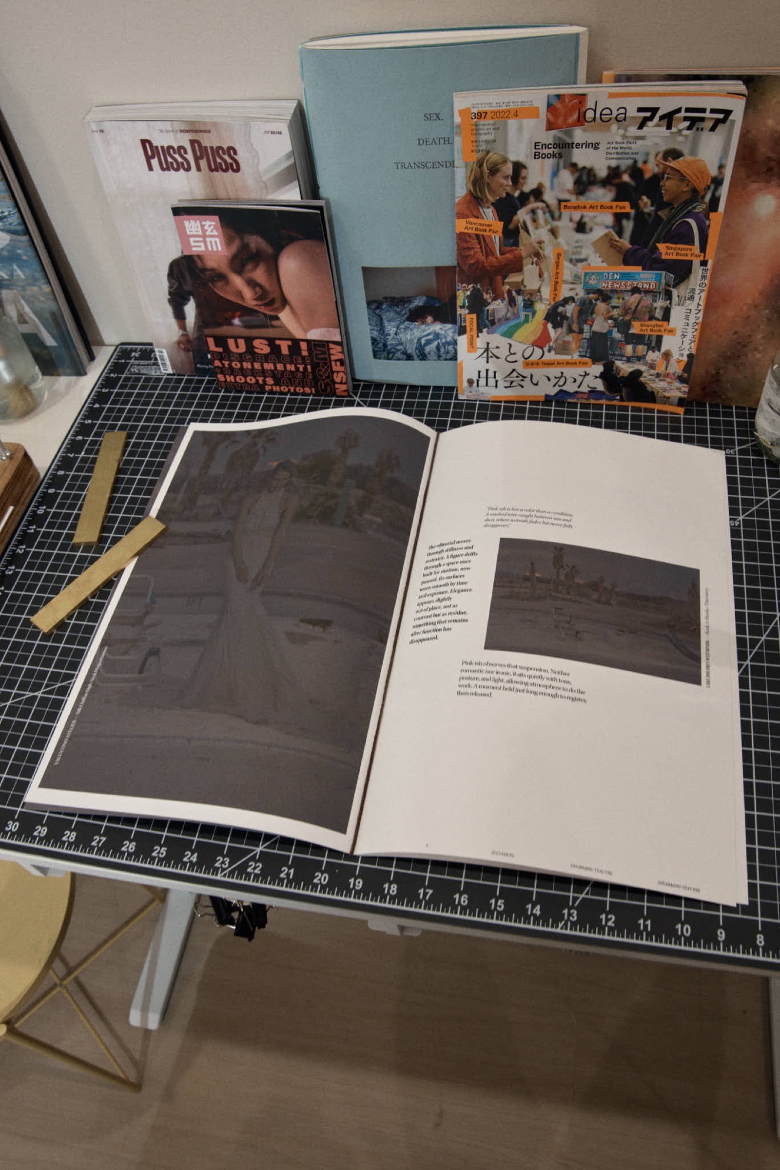 Open book spread, hazy waterpark photograph and essay text