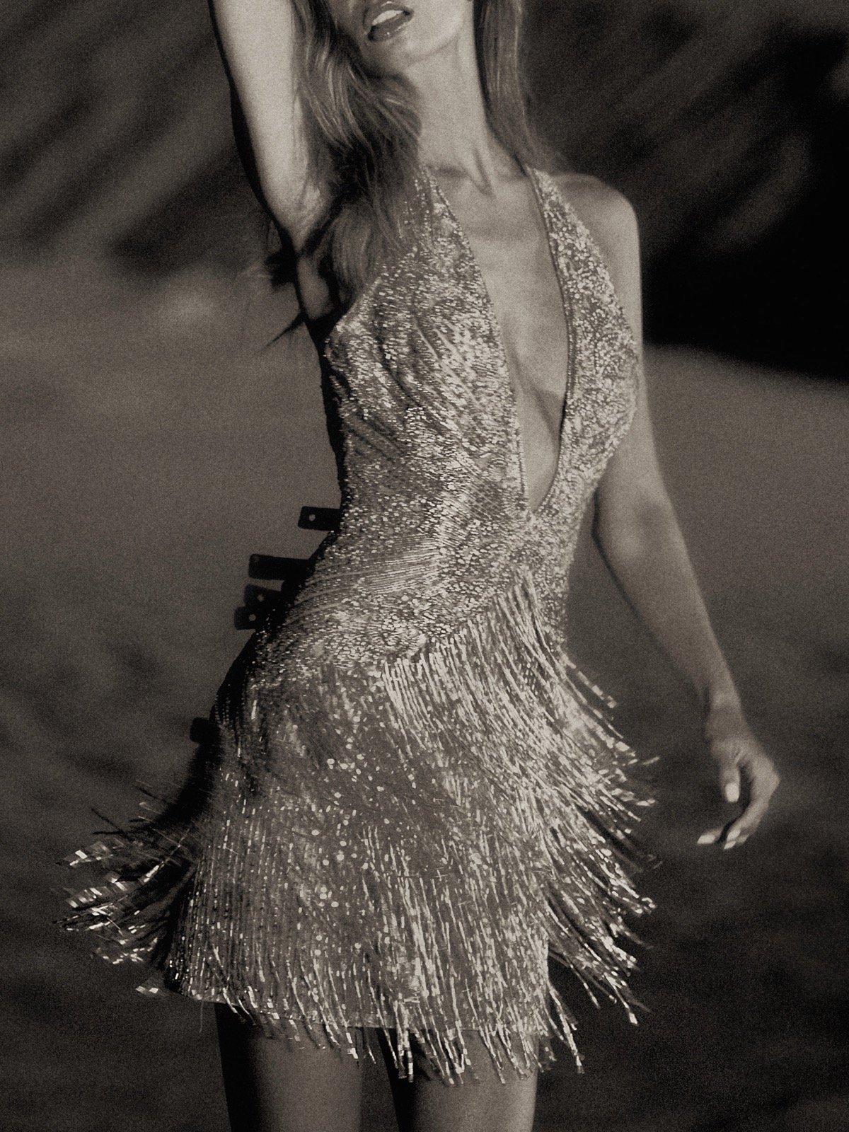 Fiona Briseno in a fringed sequin dress for Sherri Hill, Baja California Sur, Mexico, May 2024 (Eli Samuel photography)